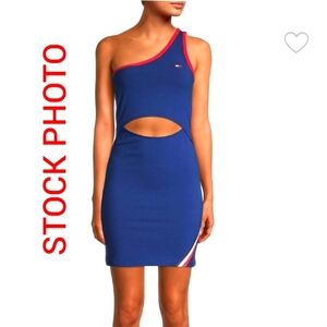 TOMMY HILFIGER One Shoulder Open Midriff Royal Blue Knit Red Trim Dress